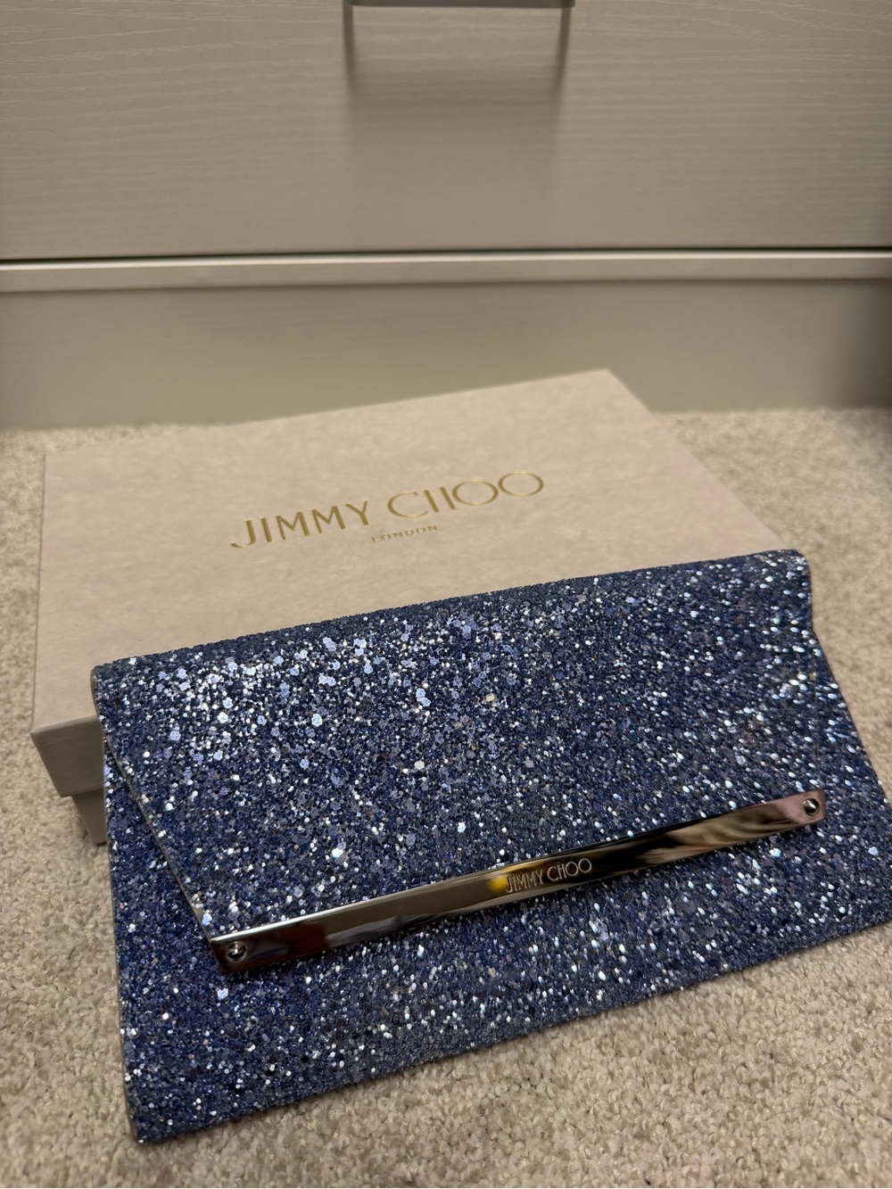 Jimmy Choo Navy Blue Glitter Fold-Over Clutch with Gold Bar